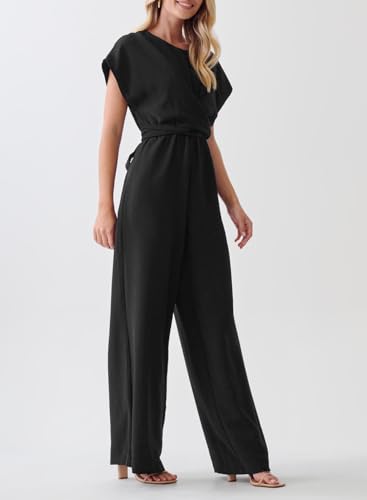 Happy Sailed Womens Dressy Jumpsuits Casual Short Sleeve Front Criss Cross Top Tie Waist Belt Wide Leg Pant Jumpers Romper One Piece Jumpsuit Outfits With Pockets Black X-Large thumb #4