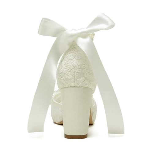 Image of Lace Pearl Wedding Shoes for Bride High Heel Bridal Shoes Peep Toe Platform Wedding Heels