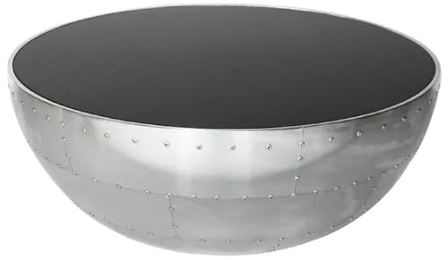 Casa Padrino Table Basse de Luxe Argent/Noir Ø 82 x H. 34 cm - Table de Salon Ronde en Aluminium avec Plateau en Verre - Meuble aviateur d'avion en Aluminium...
