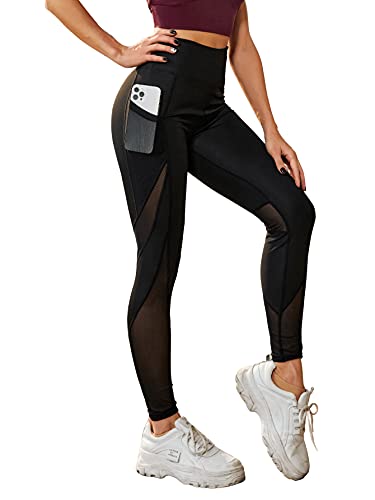 SweatyRocks Women's Stretchy Skinny Sheer Mesh Insert Workout Leggings Yoga Tights