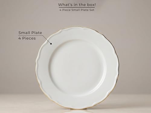 Image of Bodhi House 4-Piece Gold Rim Porcelain Quarter Plates Set | Snack & Dessert Plates | Lightweight, Chip Resistant, | Dishwasher Safe | Elegant Tableware for Dining & Gifting | White