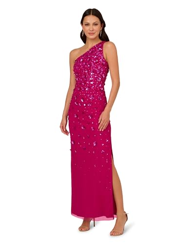 Image of Adrianna Papell Women's One Shoulder Bead Long Dress, Hot Orchid, 12