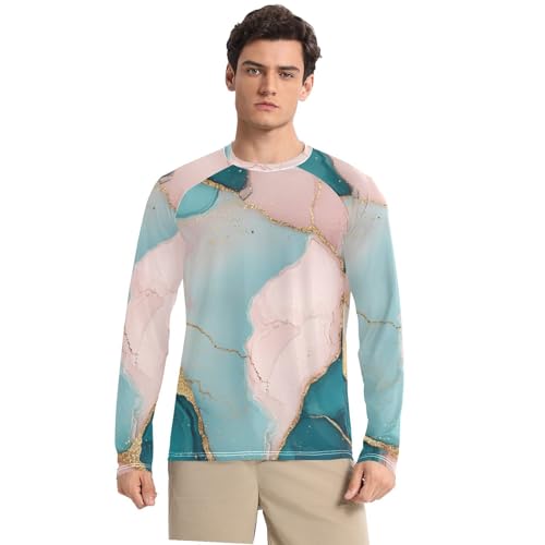Marble Teal Blush Men's Rash Guard Shirts Breathable Loose Men's Sun Shirt Long Sleeve Running - Main Image