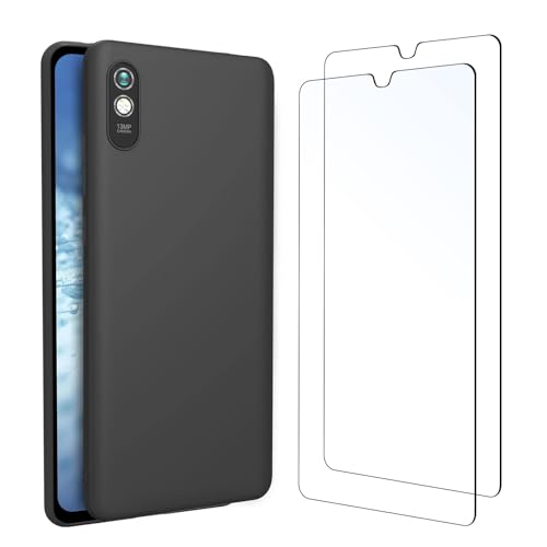NEW'C Cover per Xiaomi Redmi 9A in silicone custodia ultra sottile nero e 2 × vetro temperato per Xiaomi Redmi 9A, pellicola protettiva per schermo