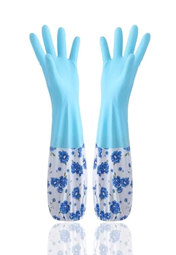 Image of GDNK Reusable Rubber Latex PVC Flock lined Long Sleeves elbow length Hand Gloves for Kitchen Dish-Washing, Cleaning Gloves (Pack of 1) (Cotton (Multicolor)