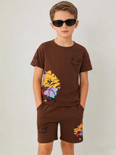 Image of Cakaner Tween Boys Summer Clothes 2 Piece Short Sleeve Graphic T-Shirt and Shorts Casual Outfit Set Size 7-14
