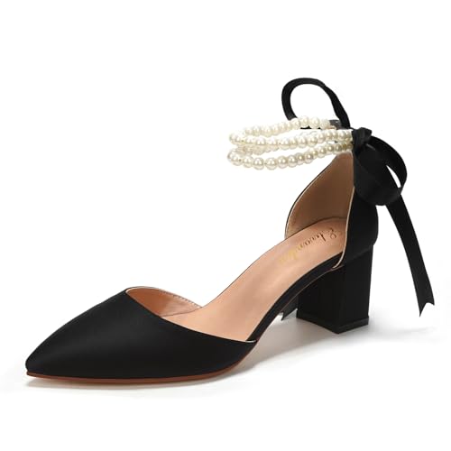 Elivandon J1585 Women's Satin Pointed Toe Mid-Heel Evening Sandals 2.36 inches Block Heel Bridal Party Wedding Pumps with Double Pearl Strap