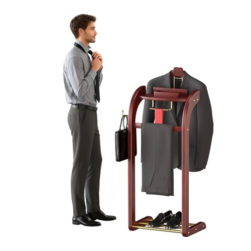 ACLFF Perchero Independiente de Madera para Ropa, Galan de Noche con Soporte para Pantalones y Bandeja, Perchero de Pie para Ropa para Rincones, Dormitorios, Entradas, Salones y Hoteles