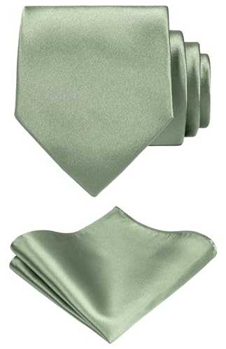 TIE G Solid Satin Woven dyed Color Formal Black Necktie and Pocket Square Sets in Gift Box (Sage Green)