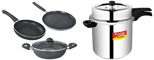 Image of Prestige Svachh Deluxe Alpha 10 Litre Stainless Steel Outer Lid Pressure Cooker & Prestige Omega Deluxe Granite Aluminium Kitchen Sets with 1 Glass Lid (Black) - 3 Pieces