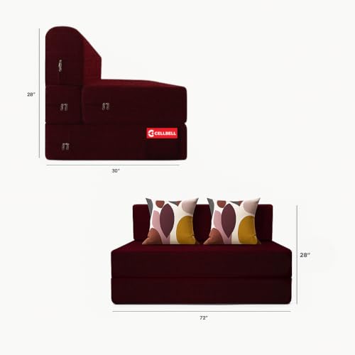 Image of CELLBELL Comfy Sofa Cum Bed 4x6 Feet | Foldable Dual Use Couch Bed with Soft Cushions, Washable Fabric Cover & Sturdy Frame | Space Saving Modern Design for Living Room, Bedroom & Guest Use (Maroon)