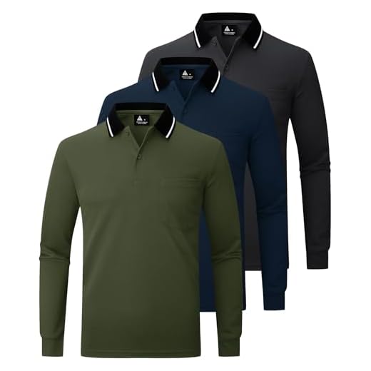 JACKETOWN Lot de 3 Polo pour Homme à Manches Longues Polo de Golf Travail avec Boutons Polos Chemise Respirants Décontractés T Shirts à Poche,Gris Foncé Bleu Marine Vert Militaire,M