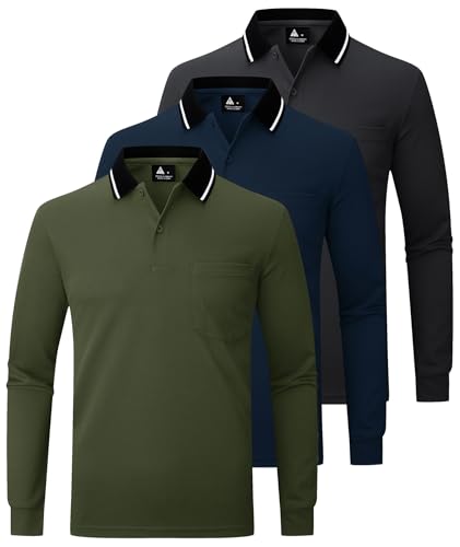 JACKETOWN Lot de 3 Polo pour Homme à Manches Longues Polo de Golf Travail avec Boutons Polos Chemise Respirants Décontractés T Shirts à Poche,Gris Foncé...