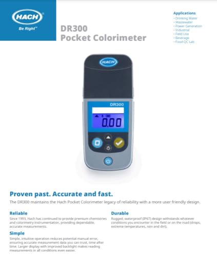 Hach DR300 Pocket Colorimeter, Chlorine, Free + Total, LR/HR, Waterproof, Portable, for Reliable Water Quality Testing, Easy-to-Use Interface, Large Backlit Display, with Carry Case, LPV445.97.00110
