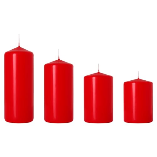 Set of 4 Pillar Candles, Set of 4 Votive Candles, Decorative Household Candles, Unscented, Natural Vegan Wax, Clean Burn, Long Burning Time - Advent Wreath, Christmas, etc. (Red, Matt)