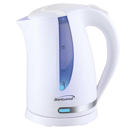 Brentwood 1100W 1.7L BPA Free Cordless Electric Kettle with Concealed Stainless Steel Heating Element, 360° Base, Auto Shut Off, and Boil Dry Protection (White, 1.7L)