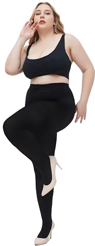 Image of Women's Plus Size Tights, High Waisted Opaque Ultra-Soft Pantyhose, Solid Color Elastic Footed Tights 1X, 2X, 3X, 4X Black + Burgundy X-Large