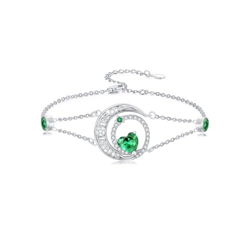 Image of Dorunmo 925 Sterling Silver Moon Heart Birthstone Anklet Bracelets for Women Best Mother's Day Birthday Jewelry for Wife Girlfriend Mom Her
