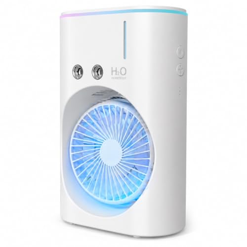 Ventilador de Mesa Portátil 8W, Ventilador Recargable con Humidificador, Depósito de Agua 350 ml, 3 Velocidades, Luz LED, Ajuste Multiángulo 90°, Bajo Ruido, Asa de Transporte, USB Tipo (Blanco 5W)