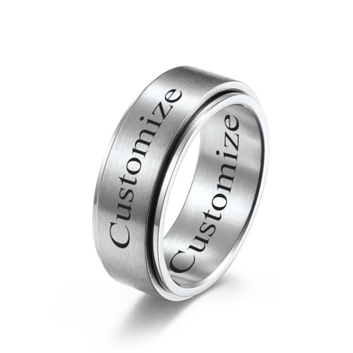 8mm Laser Engraved Ring Without Color Change Stainless Steel Spinner Ring Customize English & Hebrew Wedding Ring Band for Men Women, Multicolor, with Exquisite Velvet Bag, Size 6 to 12