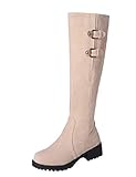  Bigtree Damen Stiefel Kniehoch mit Blockabsatz Schnalle Gefüttert Flandell Klassisch Hohe Stiefel Flach Winter Wildleder Reitstiefel Beige 39 EU