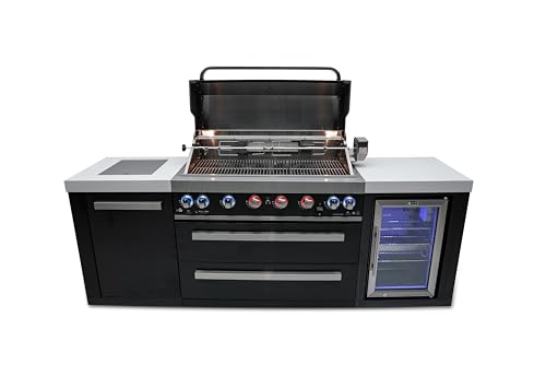 Mont Alpi MAi805-BSSFC 44-inch 6 Burner Black Stainless Steel Modular Outdoor Kitchen Island BBQ Grill with Fridge Cabinet + Side Burner + Granite Countertops + Rotisserie Chopping Board & Grill Cover