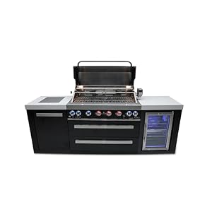 Mont Alpi MAi805 BSSFC 44 inch 6 Burner Black Stainless Steel Modular Outdoor Kitchen Island BBQ Grill with Fridge Cabinet Side Burner Granite Countertops Rotisserie Chopping Board Grill Cover