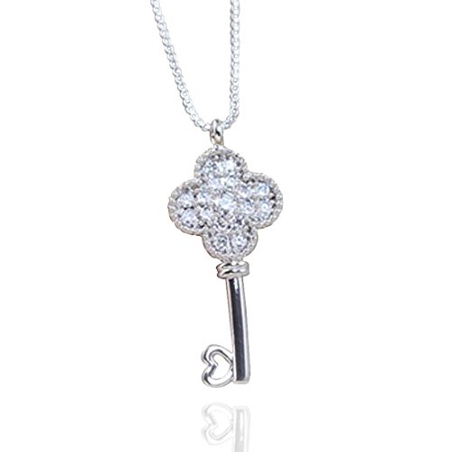Ficccy 14K Plated Silver Micro Fashion Exquisite CZ Heart Key Clover Charm Necklace Four Clover Short Necklace