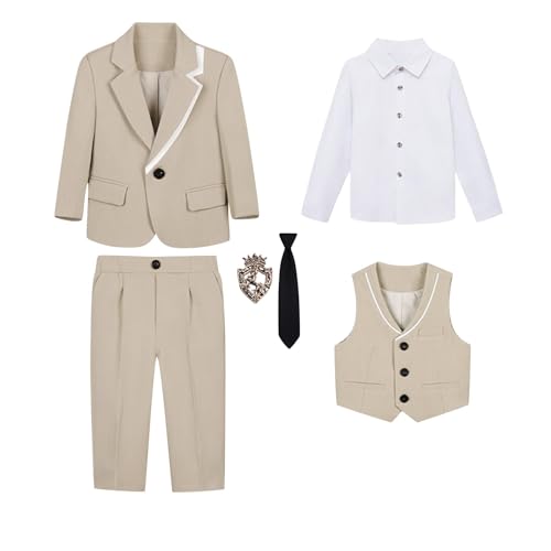 Boys Suits 6 Piece Tuxedo Set with Blazer Jacket Dress Shirt & Pants Vest Tie Brooch for Kids Wedding Prom for 1-14 Years