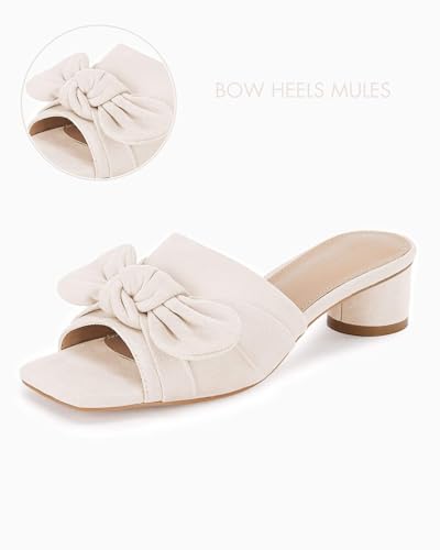 Image of Coutgo Womens Bow Slides Sandals Wide Width Slip On Chunky Low Heels Square Open toe Elagant Summer Shoes