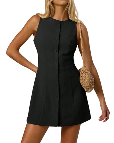 Women Elegant Crew Neck Sleeveless Button Down Mini Dress Business Casual Tie Back Slim Fit A Line Short Dress4