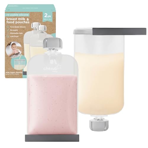 Cherub Baby 2 Pack Silicone Reusable Baby Food Squeeze Pouches, 180ml/6oz | Mess-Free Double Zip-Lock LFGB Silicone Weaning Pouches | Microwave Safe Fruit Puree & Refillable Breast Milk Pouches