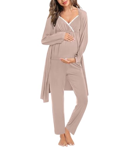 Image of SWOMOG Maternity Nursing Robe Set 3 Piece Breastfeeding Pajamas 3 in 1 Labor Delivery Sleevless Tops&Long Pants Pregnancy Pjs