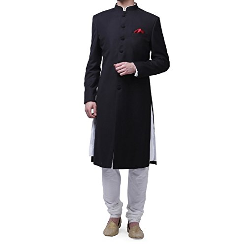 Image of Royal Kurta Men's Suiting Kneelong Black Bandhgala Sherwani for Men