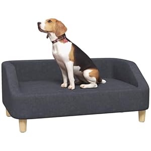 PawHut Sofá para perros, sofá para mascotas, sofá para gatos, cama para perros medianos y grandes, sofá para perros con diseño elevado, sillón para perros con patas de madera, gris oscuro, 95 x 63 x