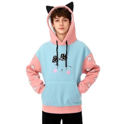 Sudadera con Capucha Infantil diseño Orejas Tejido Polar Abrigada para Ropa Informal Juvenil Divertida Estampado temático Gatitos (Light Blue-f, 10-11 Years) | Ya disponible en tu tienda friki favorita! En mundofriki.es!