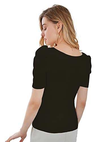 Image of Shasmi Women's & Girl's Polyester Pleated High Neck Short Puff Sleeve Ruched Bust Solid Regular Fit Top
