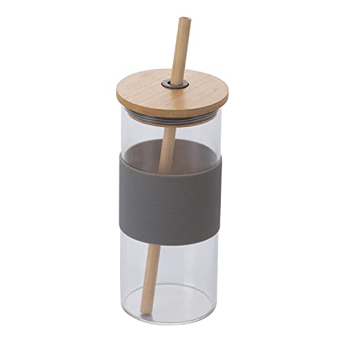 Image of Glass Coffe Mug with Lid and Straw, Reusable Sipper Bottle with Leather Sleeve Glasss Coffee Mug with Silicone Straw and Leakproof Lid Tumbler for Coffee (Glass Sipper with LID Straw 400ML)