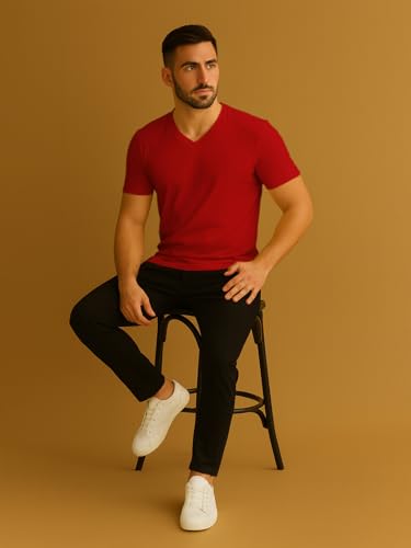 Image of Friskers Men's V-Neck Short Sleeves Cotton T-Shirt - Casual T-Shirt, Regular Fit