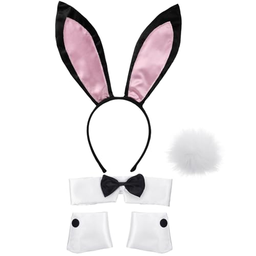 SATINIOR Frauen Hasen Zubehör Set Kaninchenohr Stirnband Kragen Fliege Kostüm Manschetten Kaninchen Schwanz für Halloween Weihnachten Kostüm...