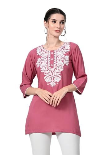 Image of LIBOZA Kurti for Women - Short Chikankari Kurtis for Girls, Lakhnawi Tunic Top Kurta Design for Ladies, Woman Ethnic Kurthis & Shirt with Sleeve
