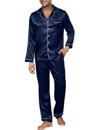 IFFEI Men's Silk Pajama Set Button Down Long Sleeve Shirts and Pants 2 Piece Matching Pjs Set with Pockets