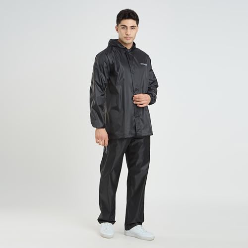 Image of Water Fighter by ZEEL Rain Coat for Men with Adjustable Hood, Polyester Waterproof Full Sleeves, Top and Bottom Set Rainwear, Front Zip with Snap Button Flap (EWF311, Black, XL)