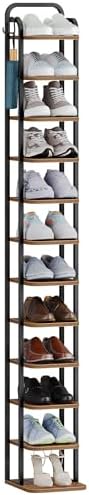 Hzuaneri Vertical Shoe Rack, Shoe Shelves, Wood Shoes Organizer for Closet, Entryway, Shoes Tower for Small Spaces, Freestanding, with 2 Hooks, Rustic Brown and Black, 12 Tier(26.5Wcm) SR51201B