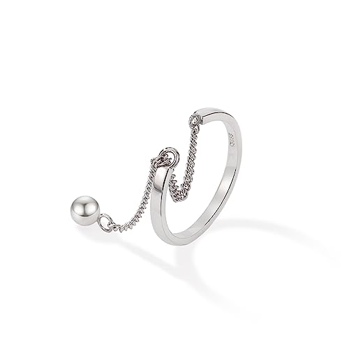 Dangle Ball Sterling Silver Ring for Women Threader Tassel Chain Dangling Statement Rings Adjustable Finger Band Eternity Promise Rings