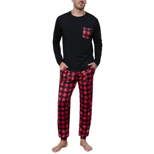 Marvmys Mens Pajama Set Long Sleeve Pajamas Soft Pjs Sleepwear Loungwear Comfy Sleep Sets with Pockets S-3XL Large B-black Red Plaid