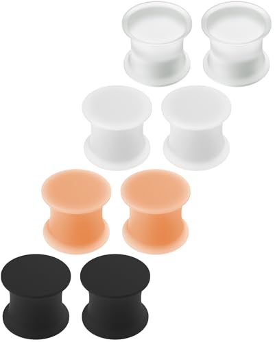 WildVibe 00 Silicone Gauges For Men Women - Flexible Silicone 00 Gauges Expander Stretchers Double-Flared Plugs Flesh Ear Lobe Piercing Jewelry 10mm (8pcs Plug Set) Clear Opaque, White, Skin, Black