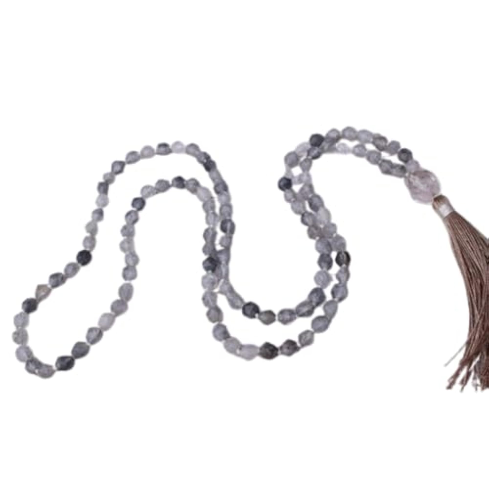 Natural Grey Agate & Clear Quartz 108+1 Beads Prayer Mala Necklace