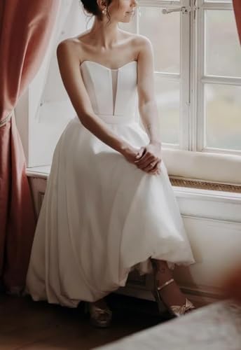 Women's Tube Top Tea Length Wedding Dresses for Bride Satin Strapless A Line Bridal Dress with Pockets4