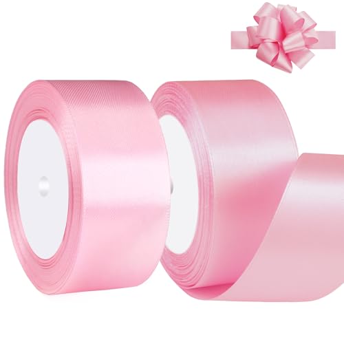 Pink Satin Ribbon 1-1/2 Inch x 2 Rolls Pink Wide Satin Fabric Ribbon for Gift Packaging Christmas Wedding Flower Bouquet Holiday Party Invitation Total 50 Yards